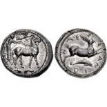 SICILY, Messana. 425-421 BC. AR Tetradrachm (27mm, 17.34 g, 10h). Charioteer, holding reins in