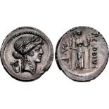 Moneyer issues of Imperatorial Rome. P. Clodius M.f. Turrinus. 42 BC. AR Denarius (18mm, 4.02 g,