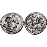 M. Marcius Mn.f. 134 BC. AR Denarius (19mm, 3.94 g, 9h). Rome mint. Helmeted head of Roma right;