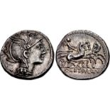 Appius Claudius Pulcher, T. Manlius Mancius, and Q. Urbinius. 111-110 BC. AR Denarius (17mm, 3.75 g,