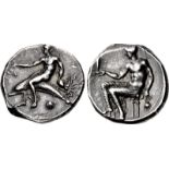CALABRIA, Tarentum. Circa 425-415 BC. AR Nomos (21.5mm, 8.09 g, 6h). Phalanthos, nude, riding