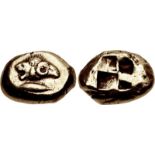 MYSIA, Kyzikos. Circa 550-450 BC. EL Stater (21.5mm, 16.01 g). Heads of lion and ram, conjoined,