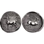 SICILY, Messana. 412-408 BC. AR Tetradrachm (25mm, 17.27 g, 1h). The nymph Messana, holding reins in