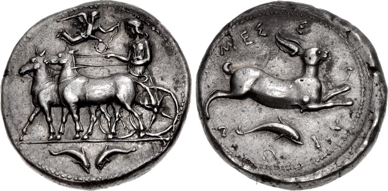 SICILY, Messana. 412-408 BC. AR Tetradrachm (26mm, 17.28 g, 12h). The nymph Messana, holding kentron