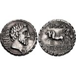 T. Vettius Sabinus. 66 BC. AR Serrate Denarius (19mm, 3.93 g, 6h). Rome mint. Bareheaded and bearded