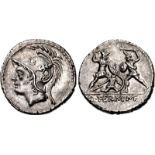 Q. Thermus M.f. 103 BC. AR Denarius (20mm, 4.08 g, 9h). Rome mint. Head of Mars left, wearing helmet