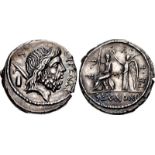 M. Nonius Sufenas. 57 BC. AR Denarius (18mm, 3.76 g, 6h). Rome mint. Head of Saturn right; to