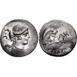 Moneyer issues of Imperatorial Rome. T. Carisius. 46 BC. AR Denarius (18mm, 3.59 g, 6h). Rome