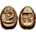MYSIA, Kyzikos. Circa 450-330 BC. EL Stater (16.5mm, 16.05 g). Bearded satyr kneeling left, drinking