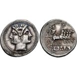 Anonymous. Circa 225-214 BC. AR Didrachm – Quadrigatus (24mm, 6.70 g, 6h). Rome mint. Laureate