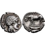 LUCANIA, Thourioi. Circa 443-400 BC. AR Nomos (21mm, 7.91 g, 10h). Head of Athena right, wearing