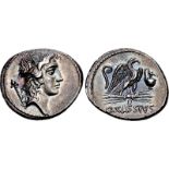 Q. Cassius Longinus. 55 BC. AR Denarius (19mm, 3.89 g, 6h). Rome mint. Head of Bonus Eventus (or