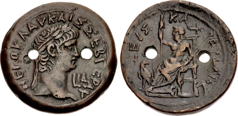 EGYPT, Alexandria. Nero. AD 54-68. Æ Drachm (38mm, 36.04 g, 12h). Dated RY 14 (AD 67/68). NEPΩ