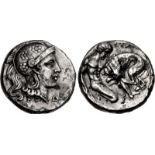 APULIA, Teate. Circa 325-275 BC. AR Diobol (11.5mm, 1.15 g, 4h). Head of Athena right, wearing