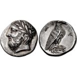 ELIS, Olympia. 105th Olympiad. 360 BC. AR Stater (24mm, 11.74 g, 9h). ‘Zeus’ mint. Head of Zeus