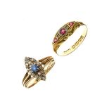 18ct gold ring set sapphire coloured stone and diamonds, size K, together with an 18ct gold ring set