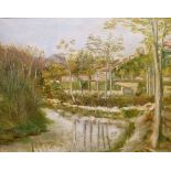 20th Century French School - Oil on canvas - A riverside landscape with cottages, signed Loujet,
