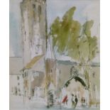 Leslie Goodwin - Watercolour - A village scene, signed, 21cm x 18cm, framed and glazed Condition: