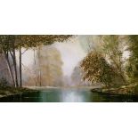 Charles Evison - Oil on canvas - A river landscape, signed, 45cm x 90cm, framed Condition: