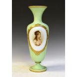 Late 19th Century French pale green and white opaque glass baluster shaped vase having a painted and