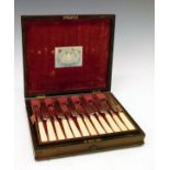 19th Century brass inlaid rosewood cased twelve person set of bone handled silver plated dessert