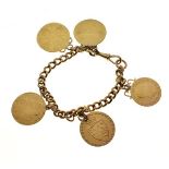 Gold Coins - 18ct gold curb link bracelet with five attached gold coins comprising: Queen Anne