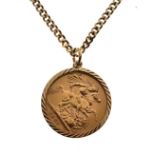 Gold Coins - Elizabeth II sovereign, 1966, loose mounted as a pendant and with a 9ct gold neck chain