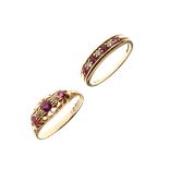 18ct gold ring set ruby coloured stones and diamonds, size Q, together with a similar 9ct gold ring,