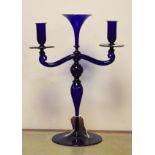 Modern Murano blue glass three branch candelabra standing on a knopped stem and circular foot, 37.