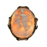 Victorian carved shell cameo brooch decorated with Aphrodite and Cupid, in an unmarked yellow