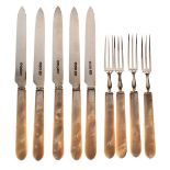 Four pairs of silver and mother-of-pearl tea knives and forks, together with one extra knife,
