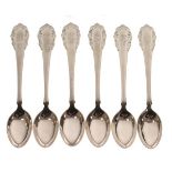 Set of six Georg Jensen Rose pattern silver teaspoons, import marks for London 1927, 3.6oz approx