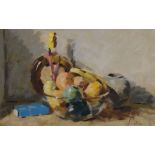David Wilson - Oil on canvas - Still life with fruit, signed, 39cm x 59cm, framed Condition: