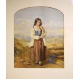 19th Century Continental School - Watercolour - Full length study of a peasant girl in a mountainous