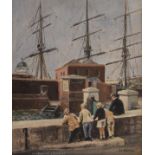 P.F.Tunstill - Oil on canvas - Woodwharf, Greenwich, signed and titled, 60cm x 50cm, framed