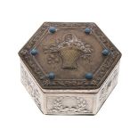 Continental silver hexagonal box having embossed Neo-Classical decoration and inset with six