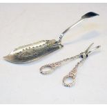 Pair of silver plated grape scissors, together with a silver plated fish slice with engraved