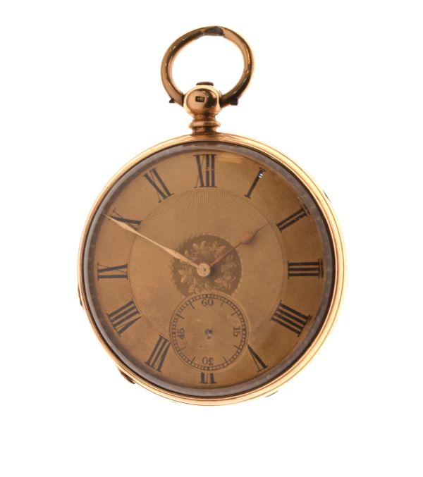 Early 20th Century engine turned yellow metal cased key wind pocket watch, the gilt dial with