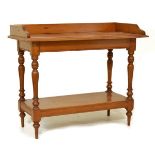 Stripped walnut and beech tray top two tier washstand on turned supports Condition: