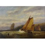 John Syer - Oil on canvas - A stormy shipping scene with sailing vessels, signed, 29cm x 39cm