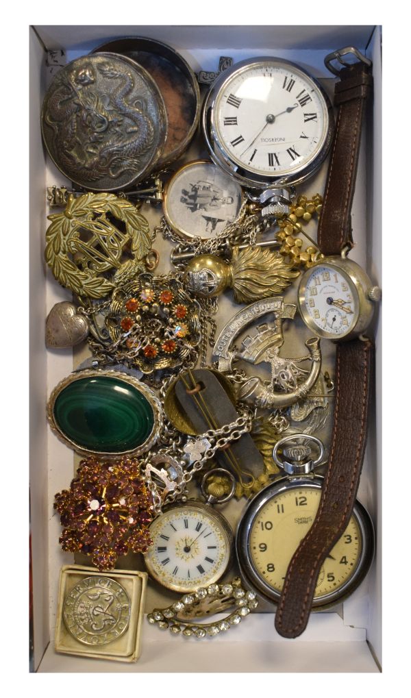 Silver cased fob watch, two pocket watches, wristwatch, costume jewellery etc Condition: