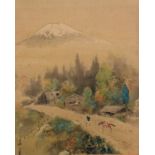 Set of four Japanese watercolours on silk - Landscapes, 28cm x 23cm, framed Condition: