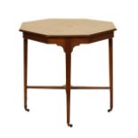 Edwardian inlaid mahogany octagonal top centre table standing on tapered square supports united by a