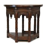 Good quality reproduction carved oak demi lune fold-over supper table having a moulded frieze,