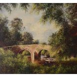 Arthur Fidler - Oil on canvas - A rural riverside landscape with figures fishing beside a stone