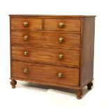 19th Century mahogany chest of two short and three long graduated drawers on turned supports