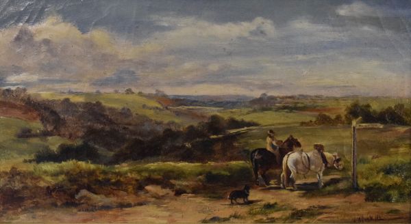 K. Spark - Late 19th Century oil on canvas - Rural landscape with figure and horses on a lane,