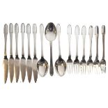 Six pairs of Georg Jensen Beaded pattern fish knives and forks, together with three matching dessert
