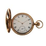 Gold plated cased full hunter top wind pocket watch, the white enamel dial with Roman numerals and