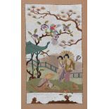 Chinese silk embroidered picture depicting figures in a garden, 53cm x 30cm Condition: